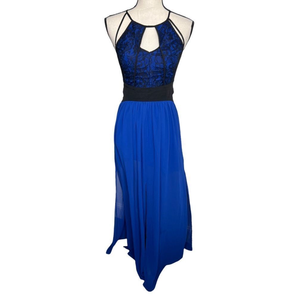 Blue Lace Bodice Halter Maxi Dress